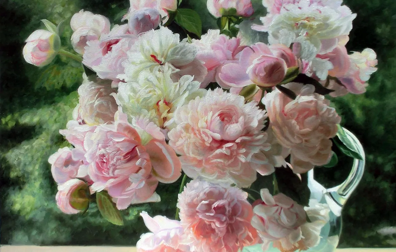 Photo wallpaper summer, light, flowers, tenderness, picture, still life, peonies, decanter