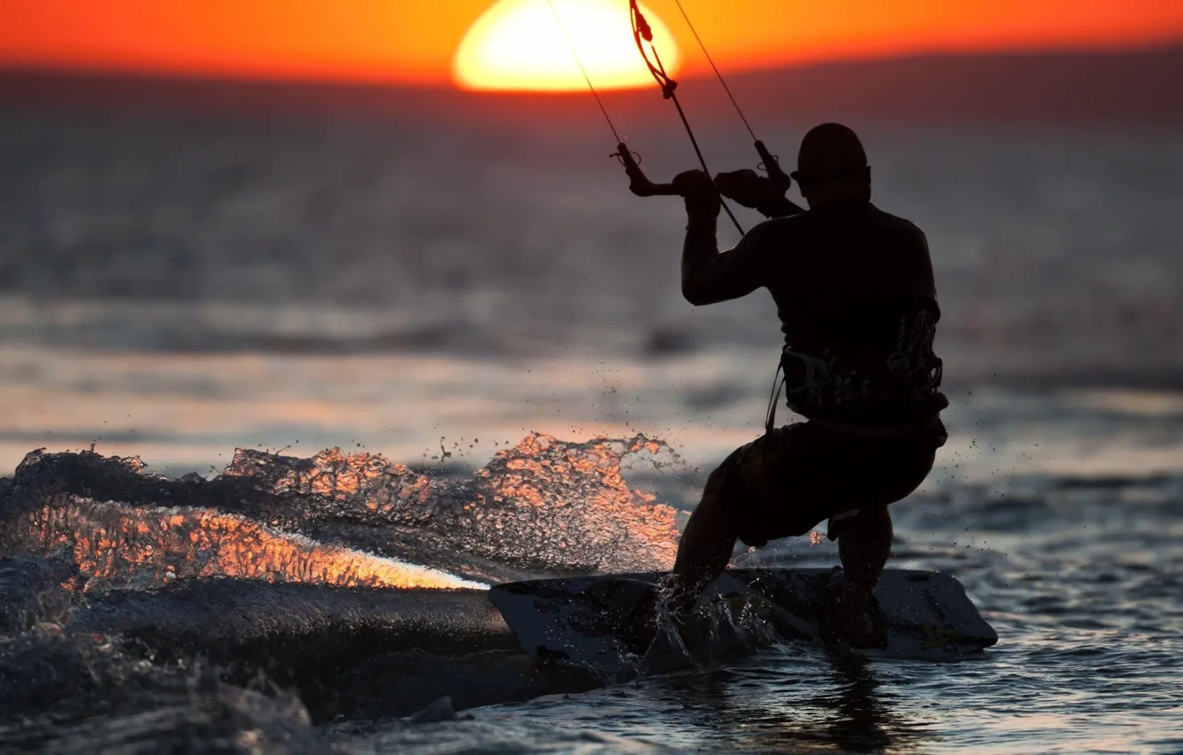 Photo wallpaper sea, sunset, sun, man, Sport, kitesurf