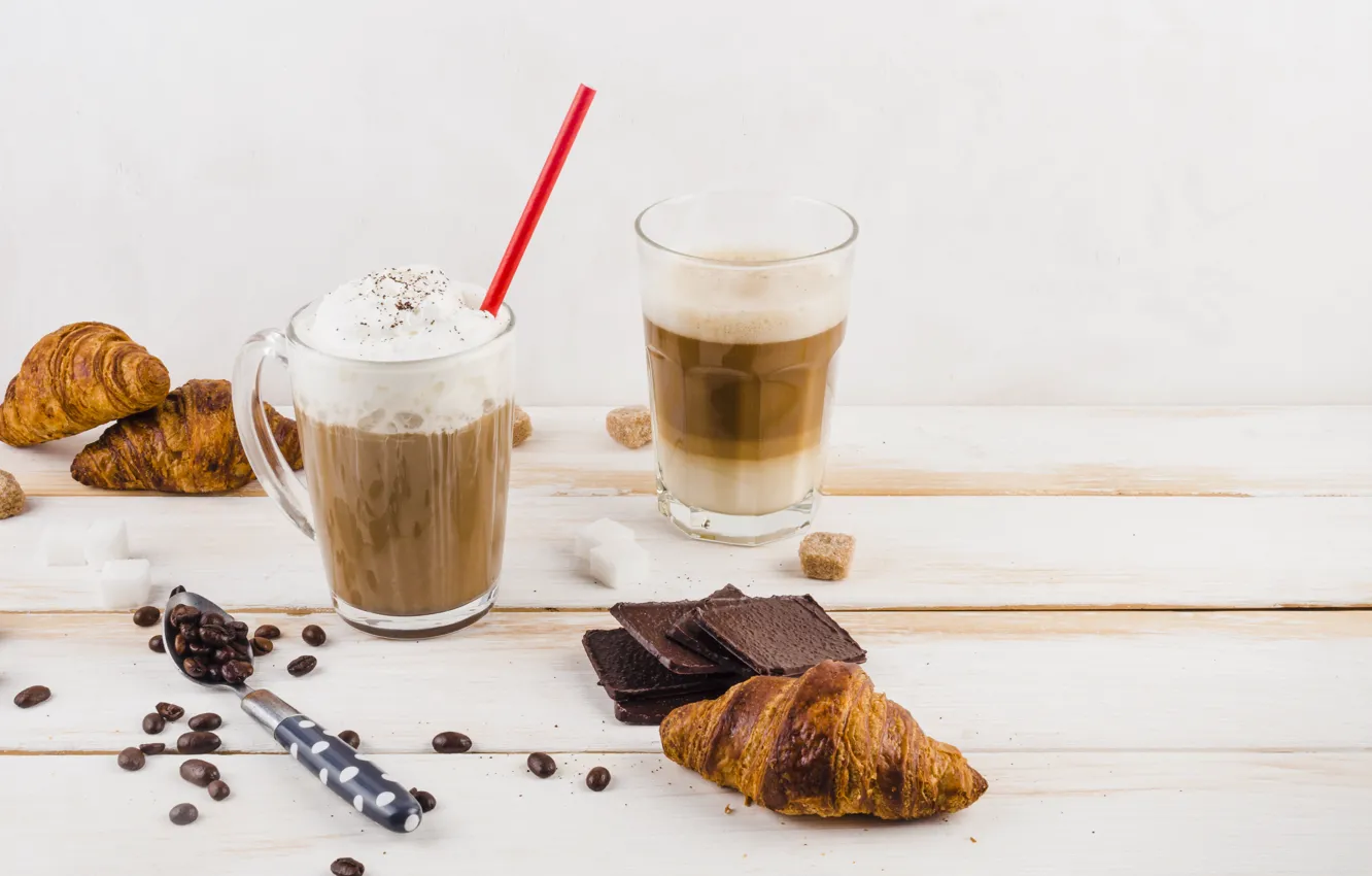 Photo wallpaper coffee, Breakfast, Croissant, whipped cream