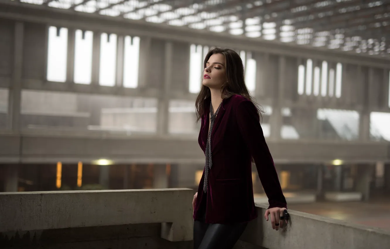 Photo wallpaper girl, light, pose, brunette, window, tie, haze, is