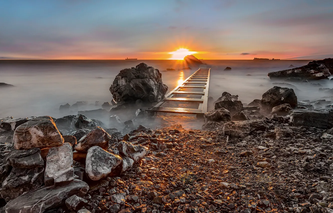 Photo wallpaper sea, the sky, the sun, clouds, rays, light, landscape, sunset