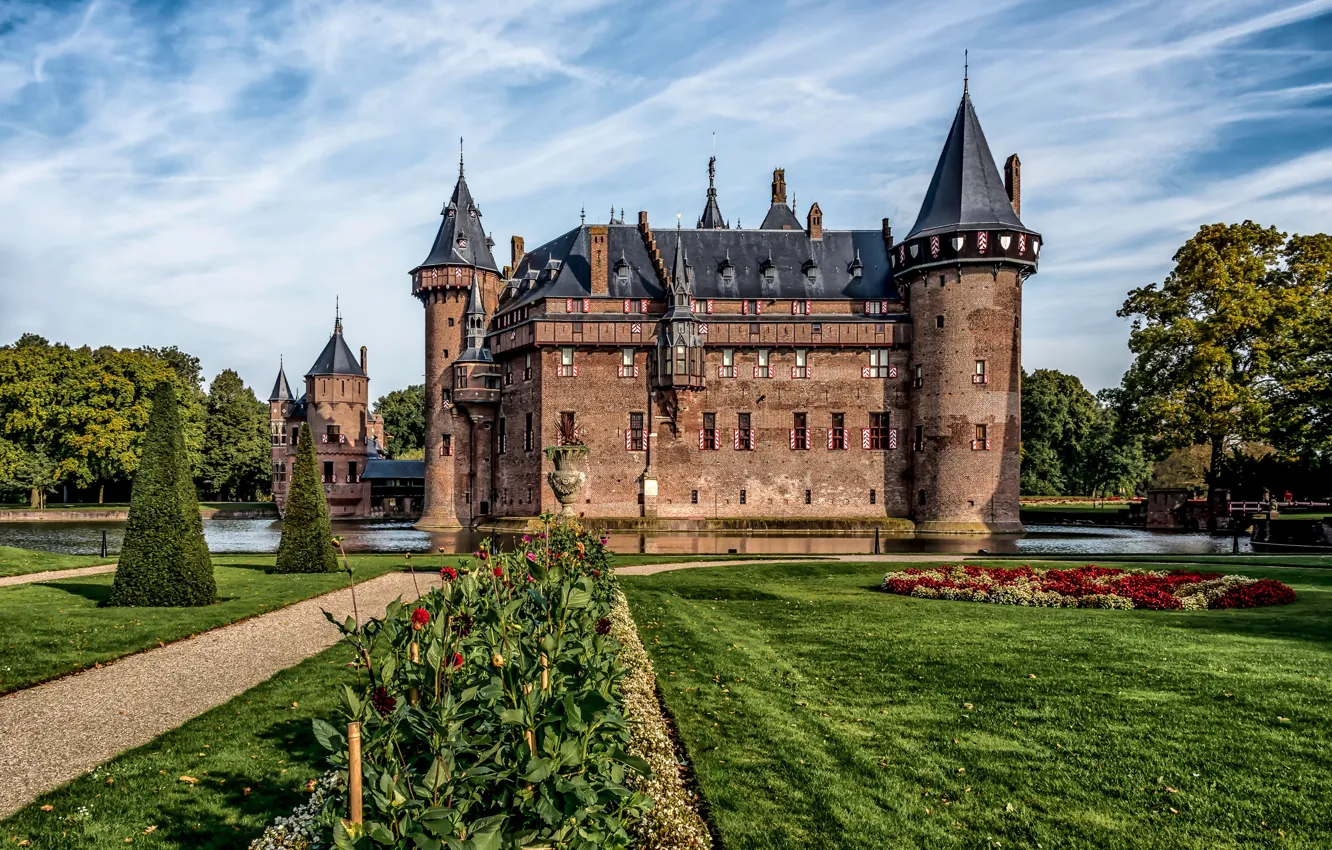 Photo wallpaper greens, the sky, the sun, clouds, trees, flowers, pond, castle