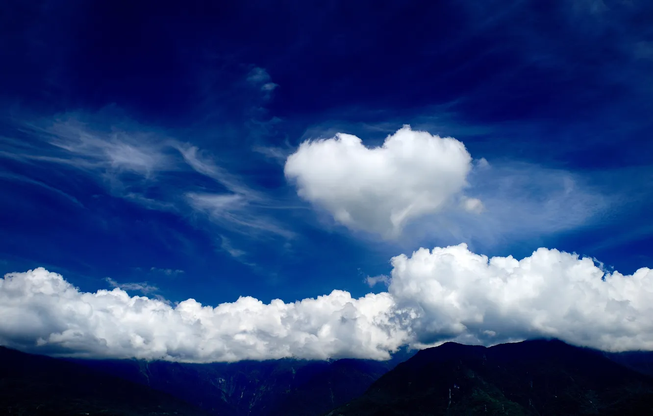 Photo wallpaper the sky, clouds, mountains, heart, tops, cloud, heart