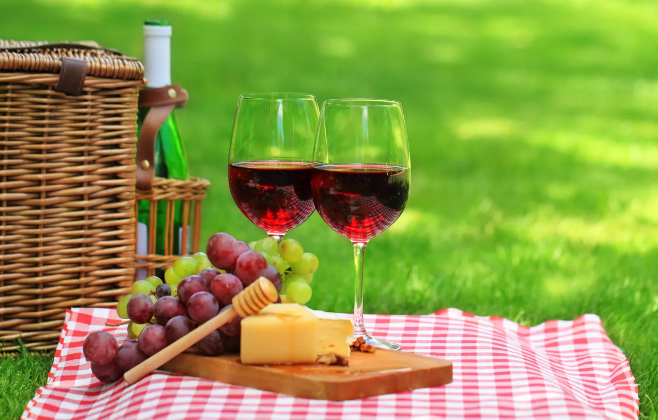 Photo wallpaper grass, nature, wine, red, basket, bottle, cheese, glasses