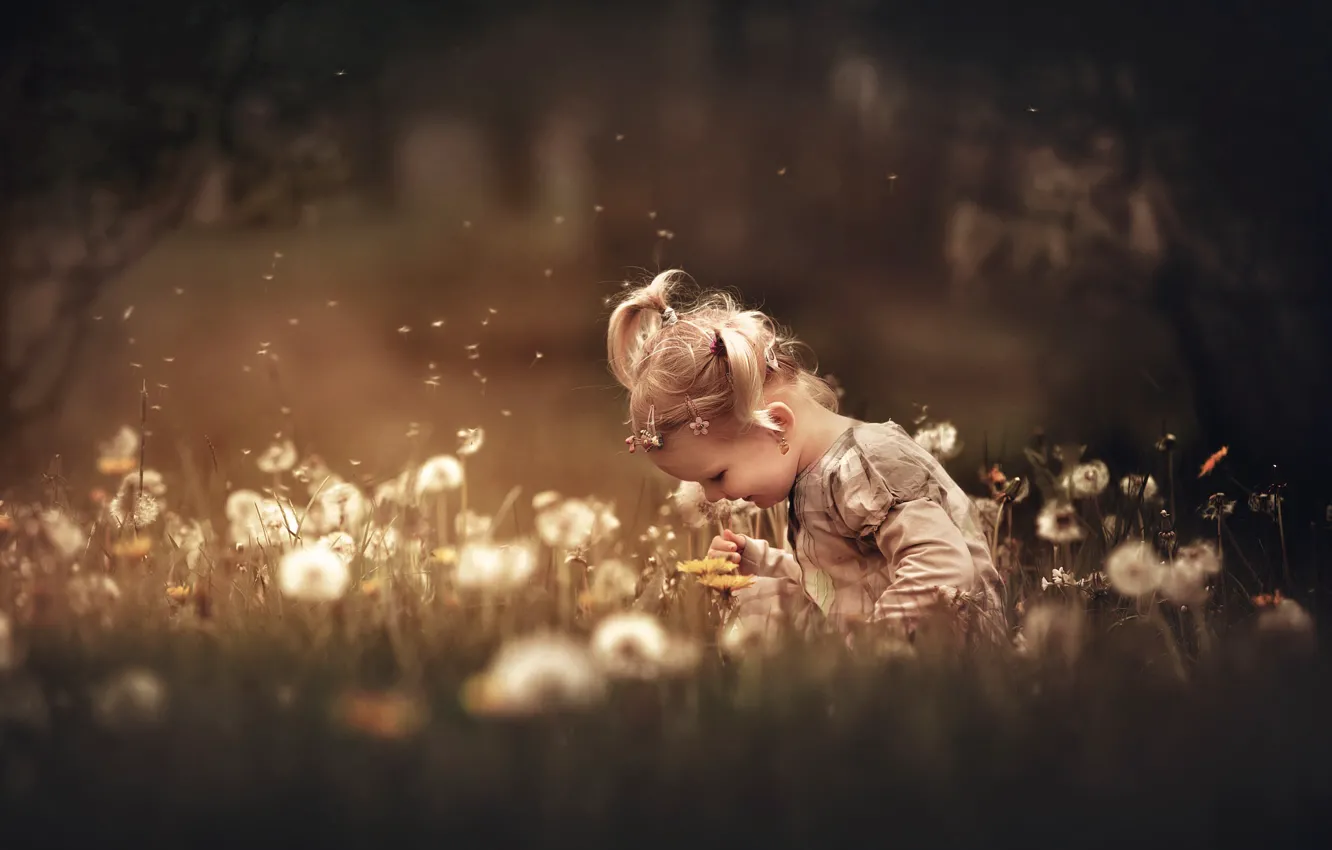 Photo wallpaper summer, grass, flowers, nature, children, dandelion, girl