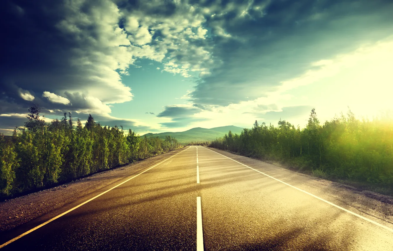 Photo wallpaper road, the sun, clouds, road in mountains