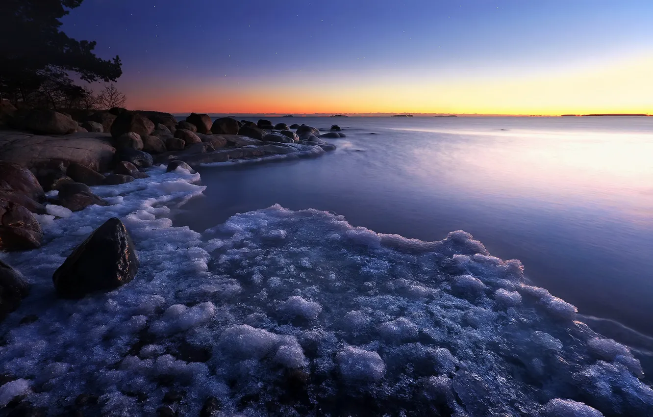 Photo wallpaper winter, sunset, lake, ice