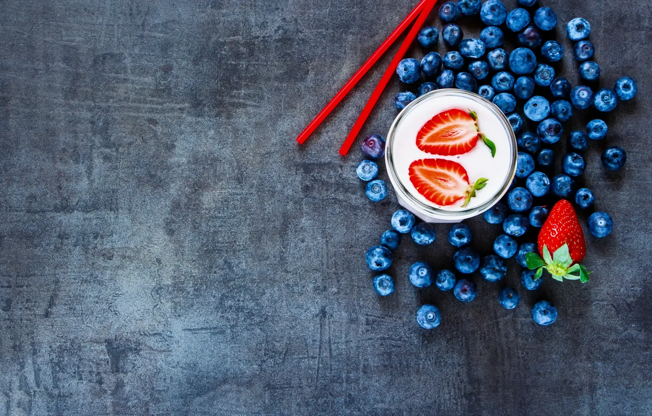 Photo wallpaper berries, Breakfast, blueberries, strawberry, smoothies with yogurt