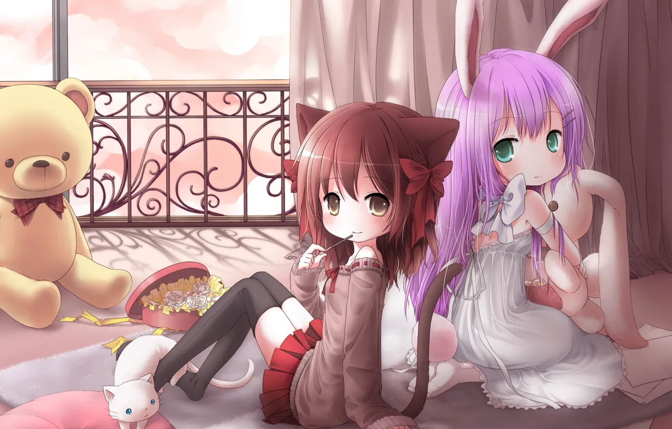 Photo wallpaper cat, kitty, girls, toys, art, tail, ears, neko