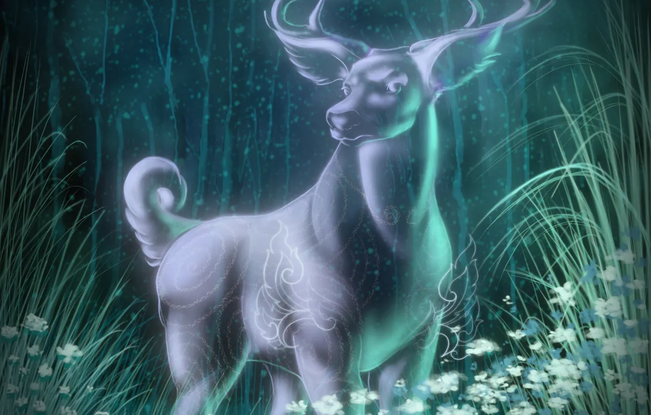 Photo wallpaper forest, trees, flowers, fiction, pattern, deer, art, horns