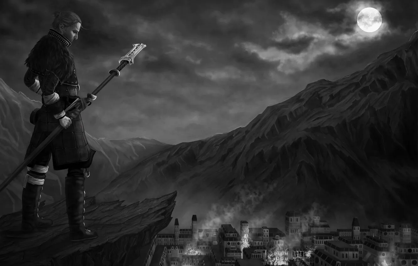 Photo wallpaper mountains, night, the city, fire, fire, the moon, MAG, black and white