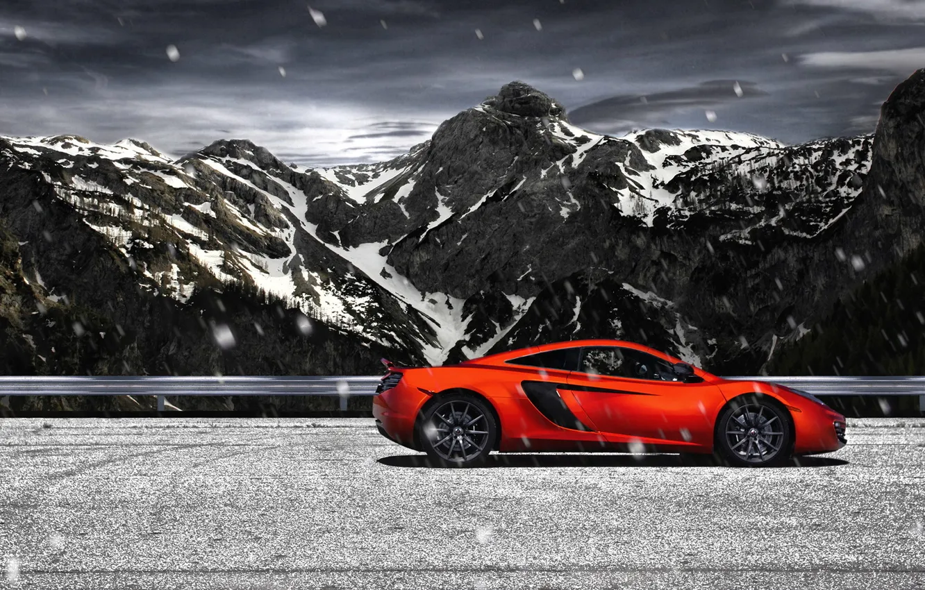 Photo wallpaper snow, mountains, track, McLaren, McLaren MP4 12C