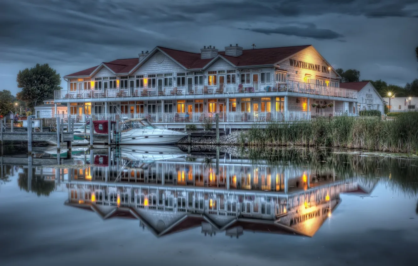 Photo wallpaper building, Marina, home, pier, boat, reed, Montague