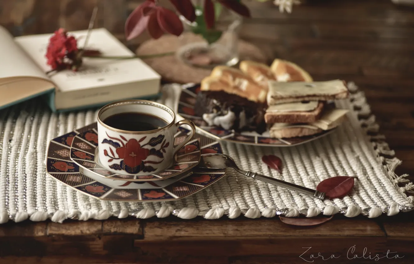 Photo wallpaper coffee, Cup, book, sandwiches