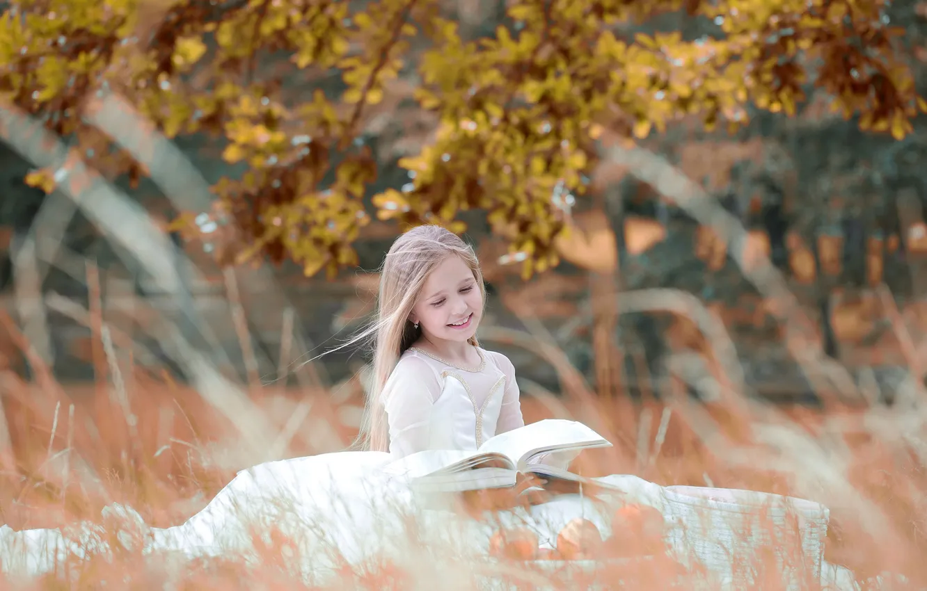 Photo wallpaper field, autumn, smile, dress, girl, book