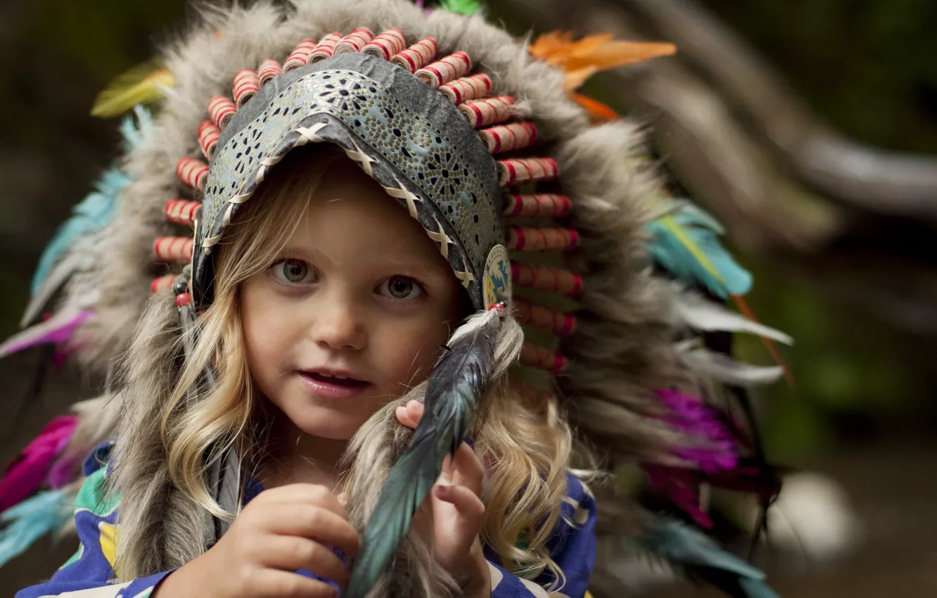 Photo wallpaper look, feathers, girl, headdress