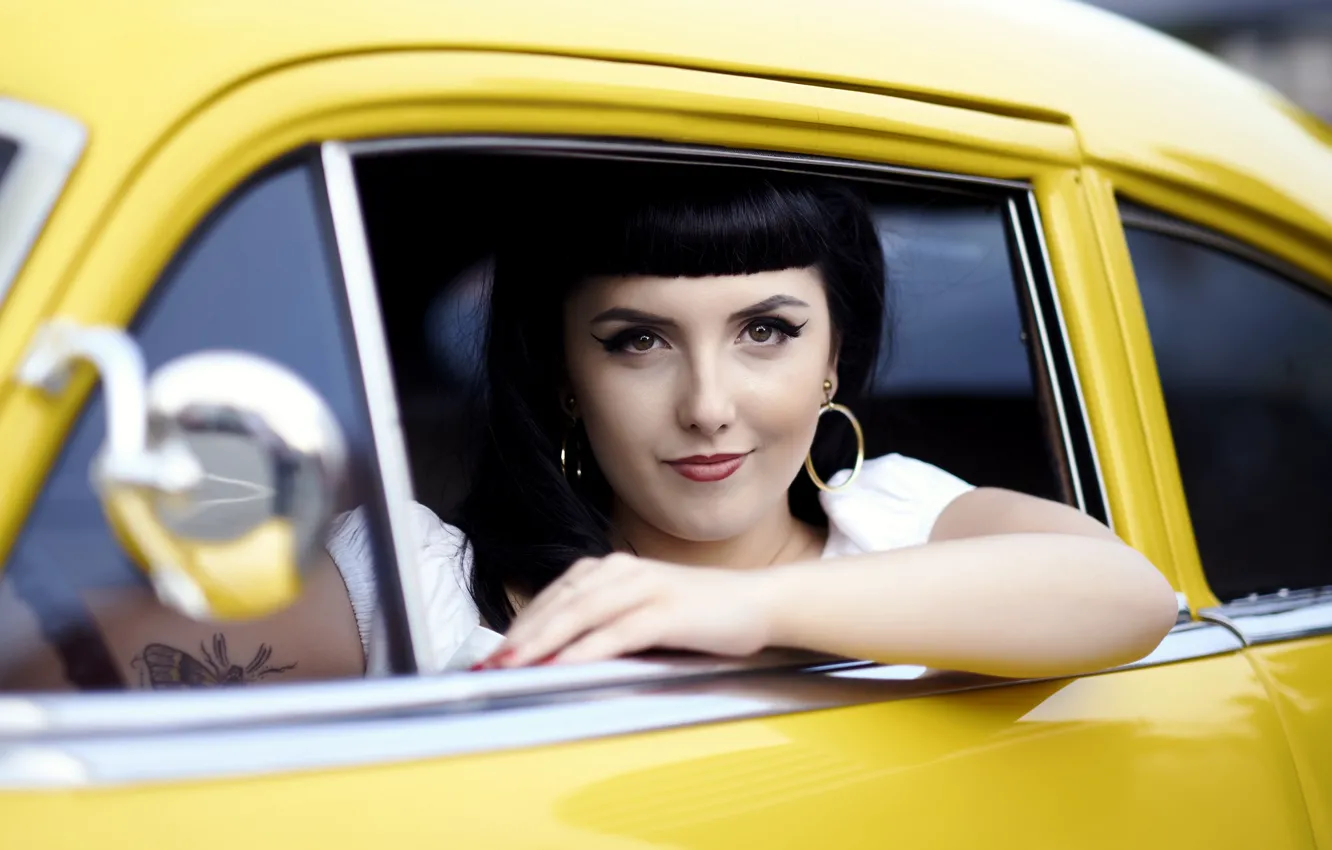 Photo wallpaper machine, auto, look, girl, vintage