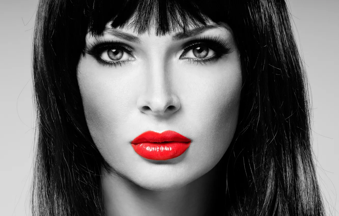 Photo wallpaper look, girl, lips, black and white, bright lipstick