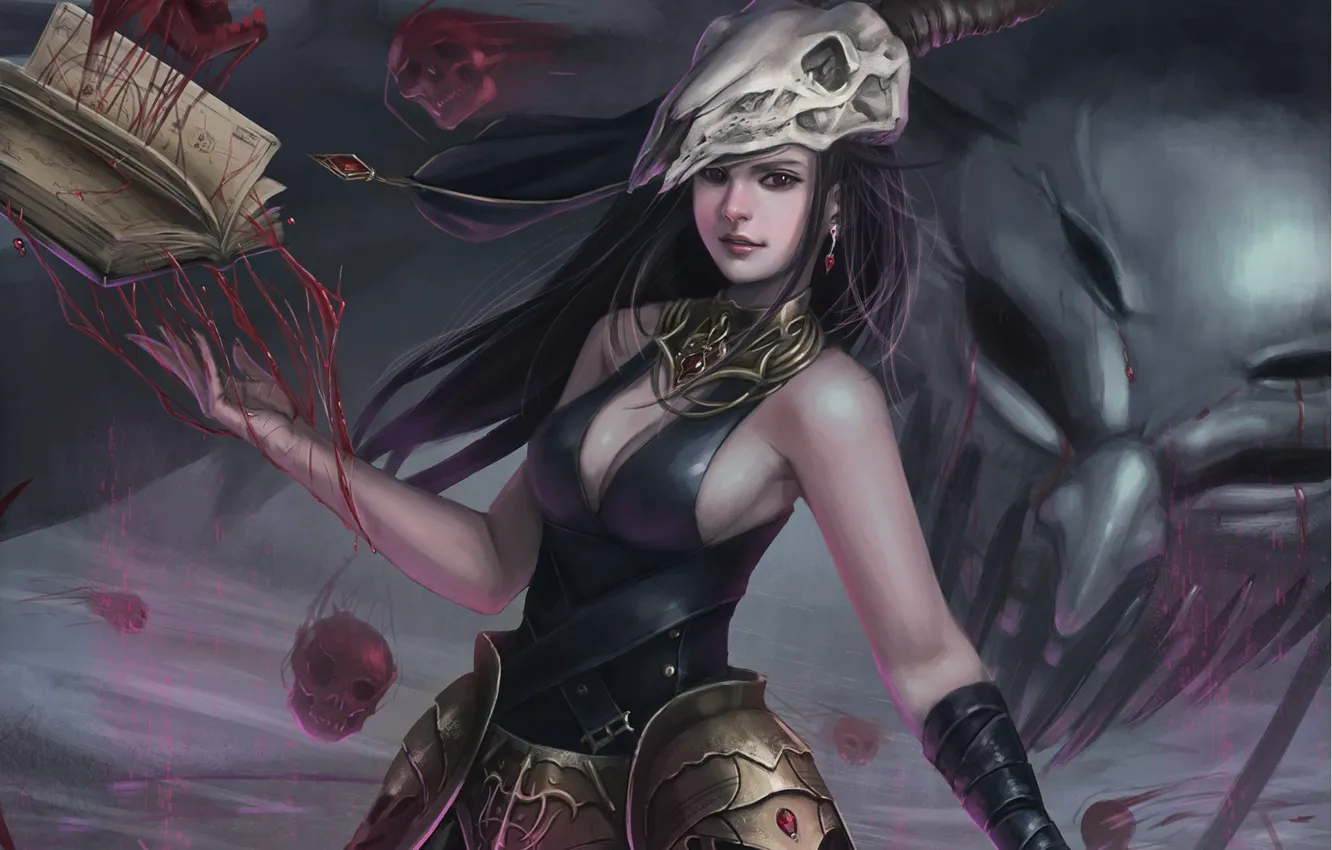 Photo wallpaper look, girl, fiction, magic, skull, horns, book