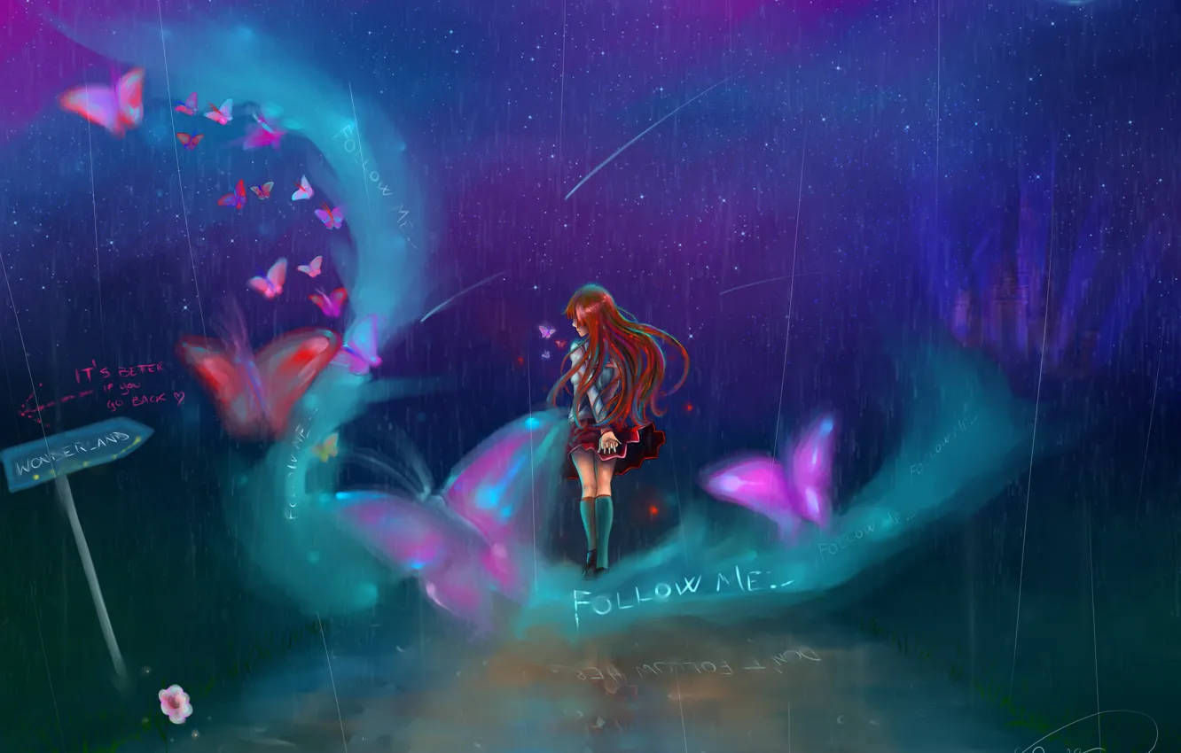 Photo wallpaper girl, stars, night, sign, butterfly, turn, art, form