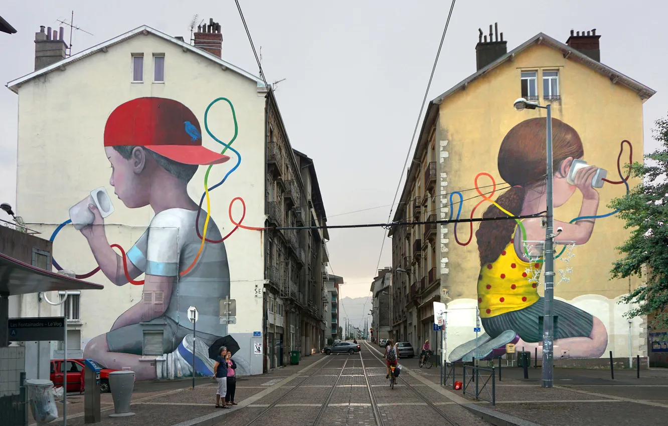 Photo wallpaper road, the sky, children, city, the city, street, building, horizon