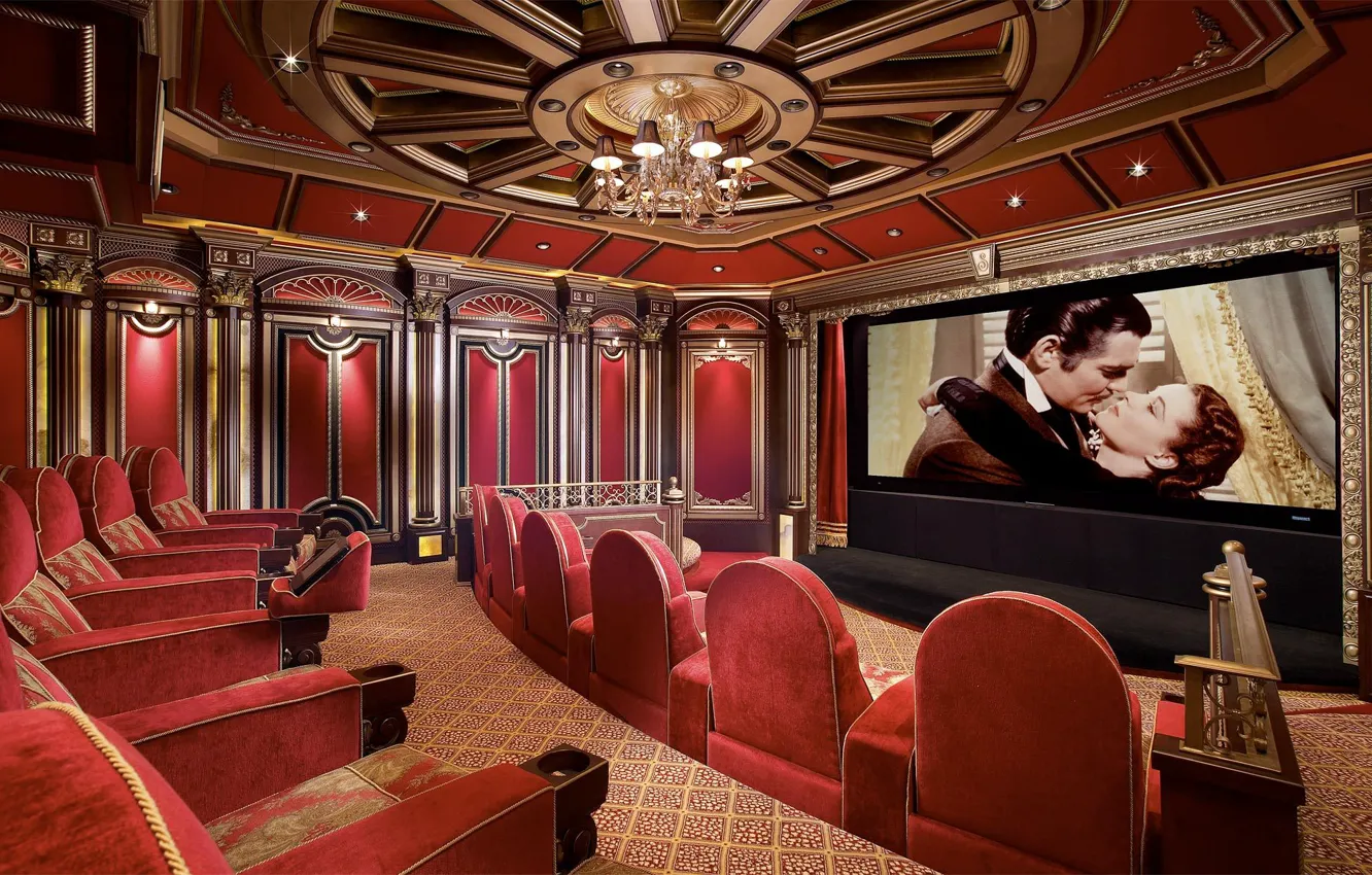 Photo wallpaper interior, chairs, cinema, screen, home, chandelier.