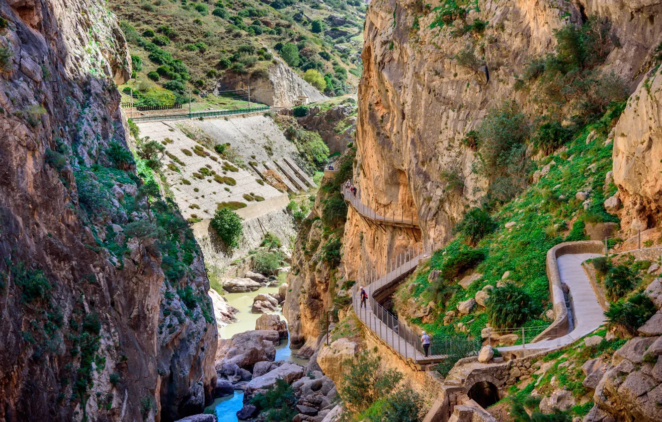 Photo wallpaper stones, rocks, people, trail, canyon, Spain, the view from the top, Malaga