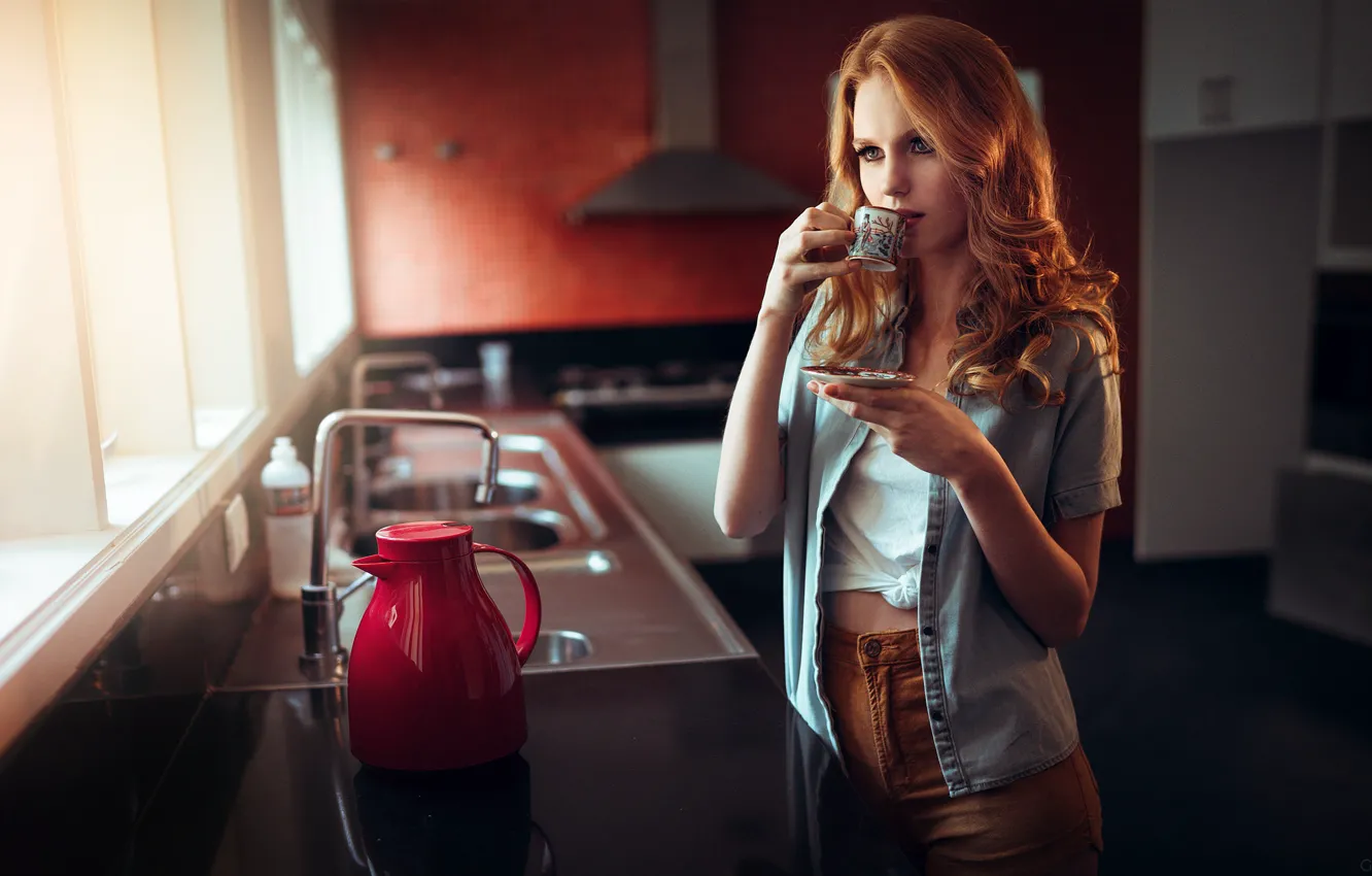 Photo wallpaper girl, the situation, kitchen, Ivan Gorokhov, Morning coffee