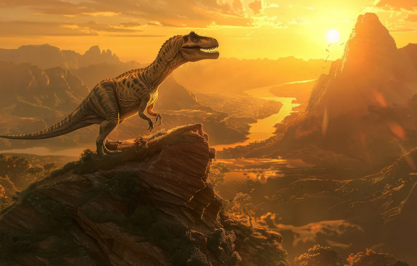 Photo wallpaper landscape, mountains, river, animal, dawn, dinosaur, predator, Tyrannosaurus
