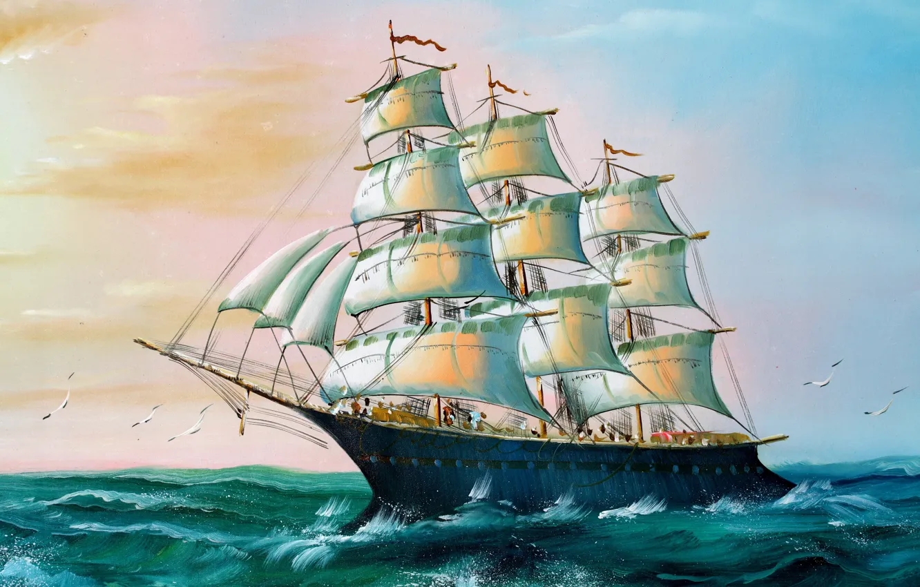Photo wallpaper Sea, Figure, Birds, Ship, Sailboat, Day, Seagulls, Painting