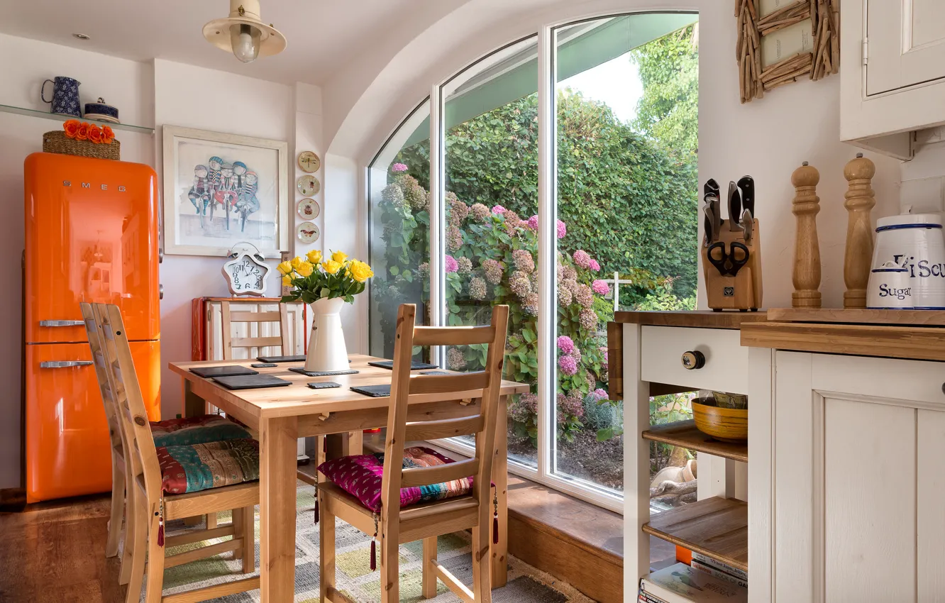 Photo wallpaper design, table, chairs, roses, garden, window, refrigerator, kitchen