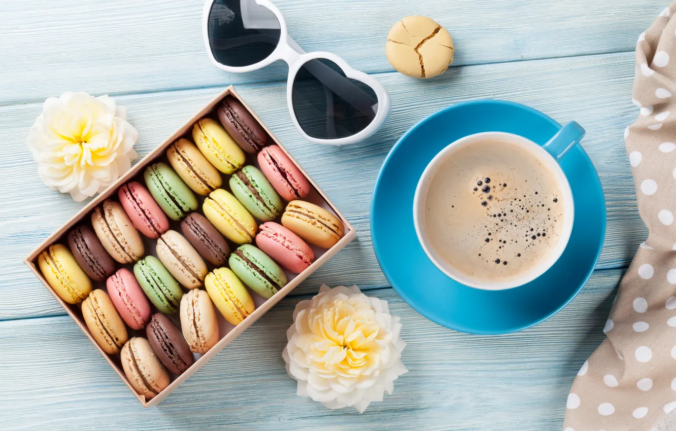 Photo wallpaper flowers, gift, colorful, wood, pink, flowers, coffee cup, macarons