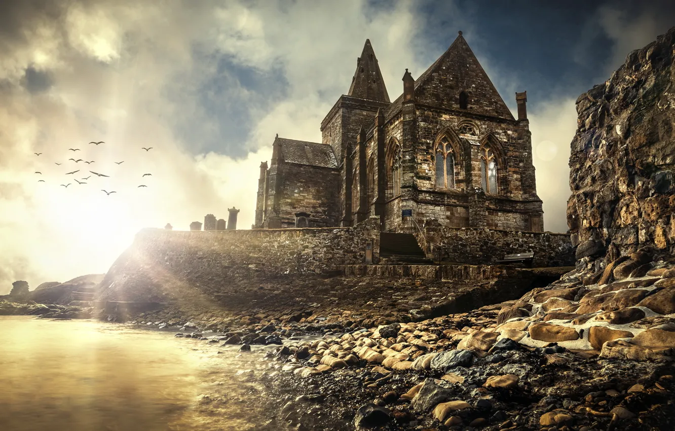 Photo wallpaper the sun, stones, castle, wall, romance, seagulls, masonry, pond
