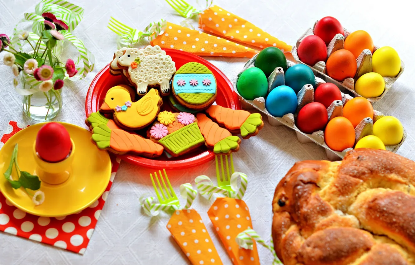 Photo wallpaper flowers, holiday, eggs, cookies, Easter, cake