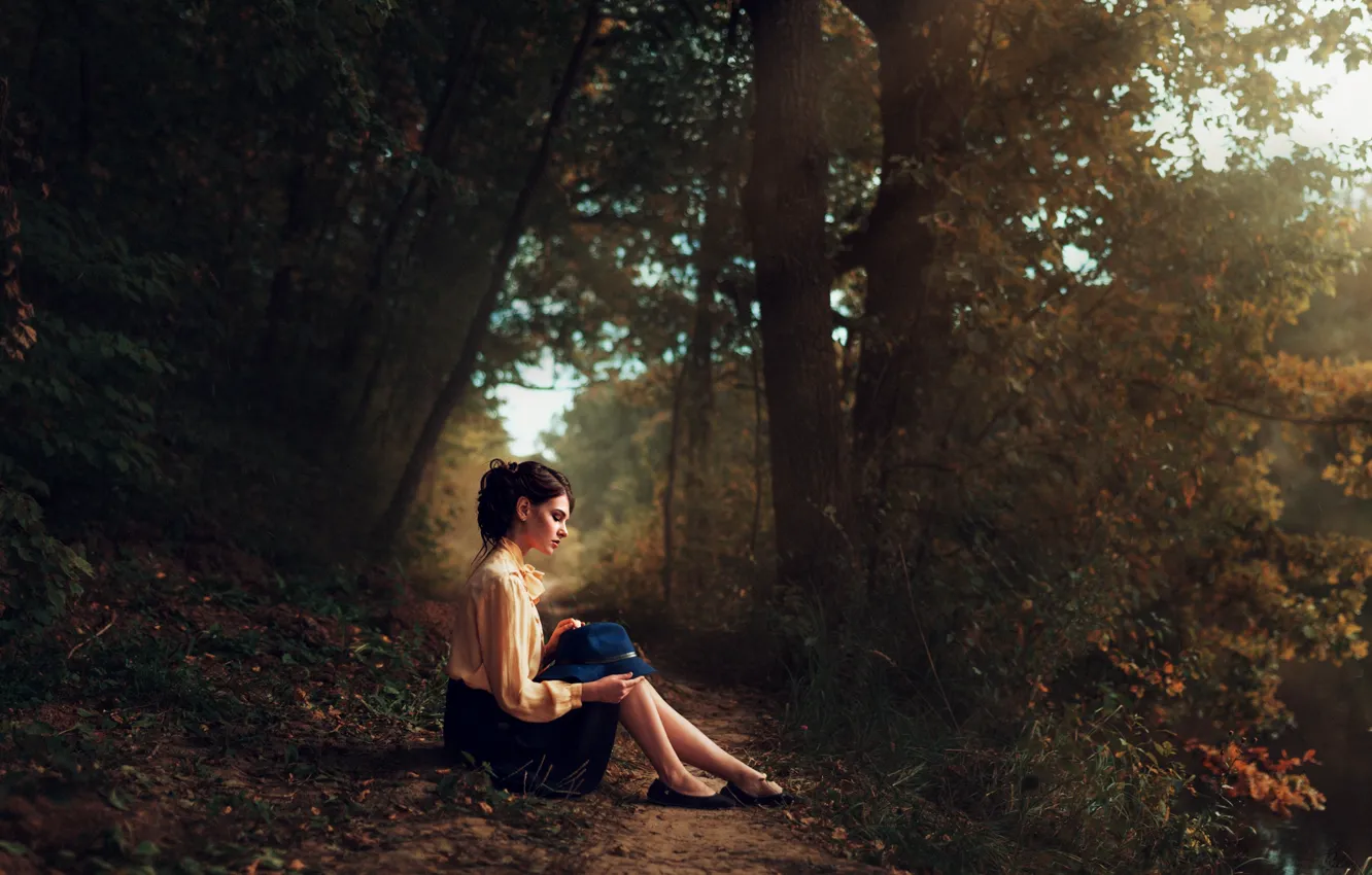 Photo wallpaper forest, girl, shoes, trees, landscape, river, green, sweetheart