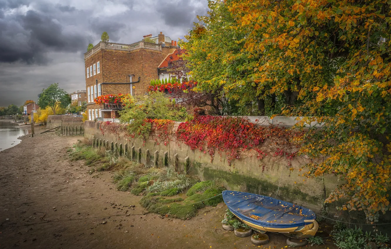 Photo wallpaper autumn, boat, England, London, home, Riverside Hammersmith