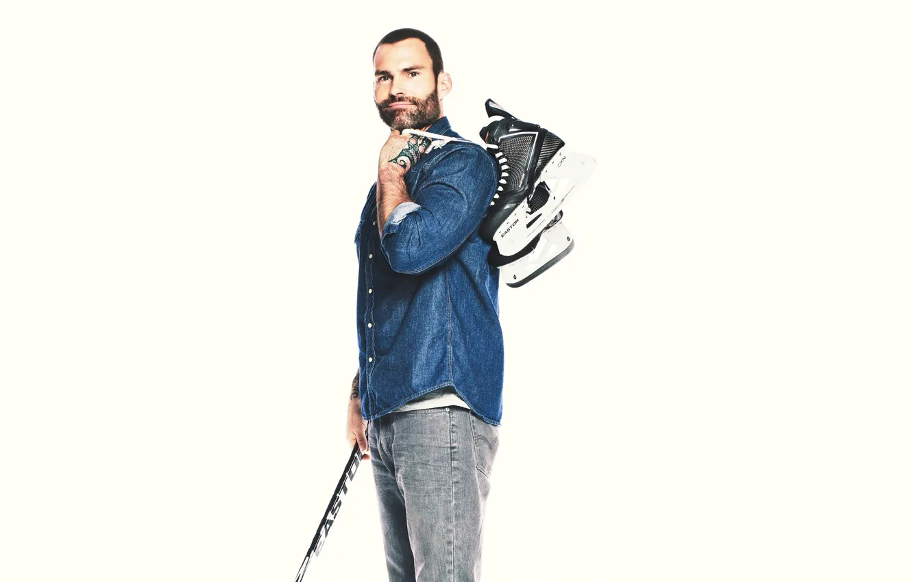 Photo wallpaper sport, jeans, white background, shirt, beard, stick, hockey, poster