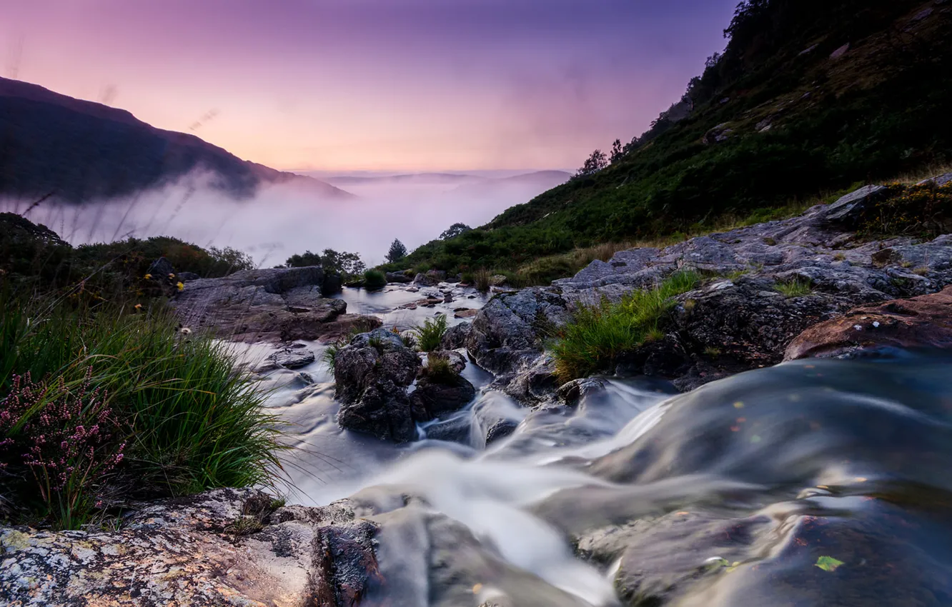 Photo wallpaper landscape, mountains, fog, river, stones, stream, morning, UK