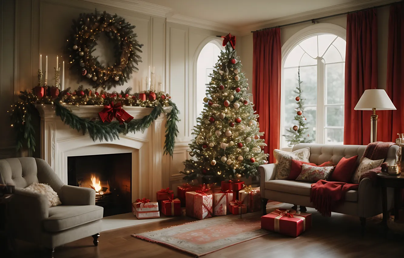 Photo wallpaper decoration, room, balls, tree, interior, New Year, Christmas, gifts