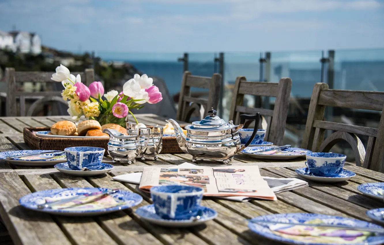 Photo wallpaper flowers, tea, Breakfast, Newspapers, buns, terrace, Cornwall, lunch