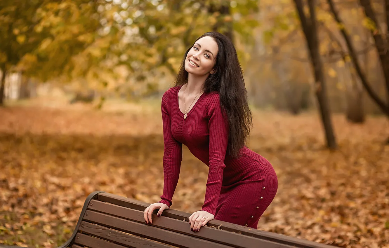 Photo wallpaper leaves, model, pretty, dress red, A Diakov George