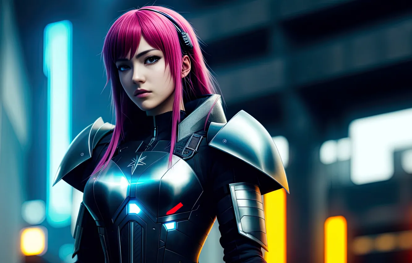 Photo wallpaper girl, armor, art, Cyberpunk, Stable Diffusion, Neuronet, AI Art, original ai-artwork