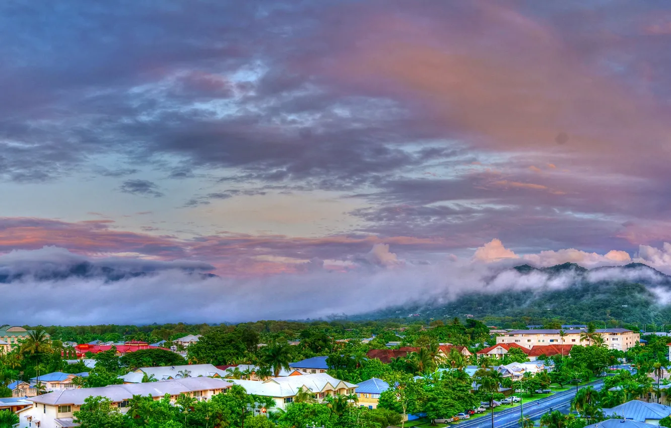 Photo wallpaper the sky, clouds, trees, mountains, fog, home, Australia, Queensland