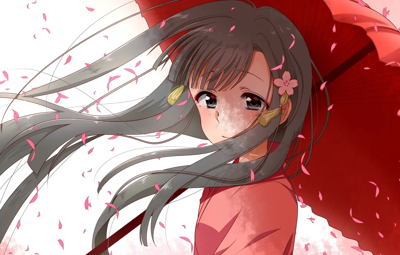 Photo wallpaper girl, umbrella, anime, petals, Sakura, art, kimono, idolmaster