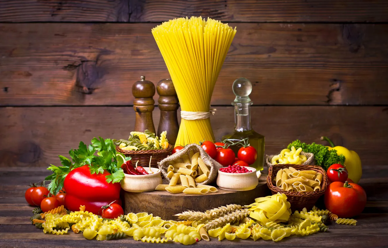 Photo wallpaper pepper, still life, tomatoes, spaghetti, tomatoes, spices, pasta