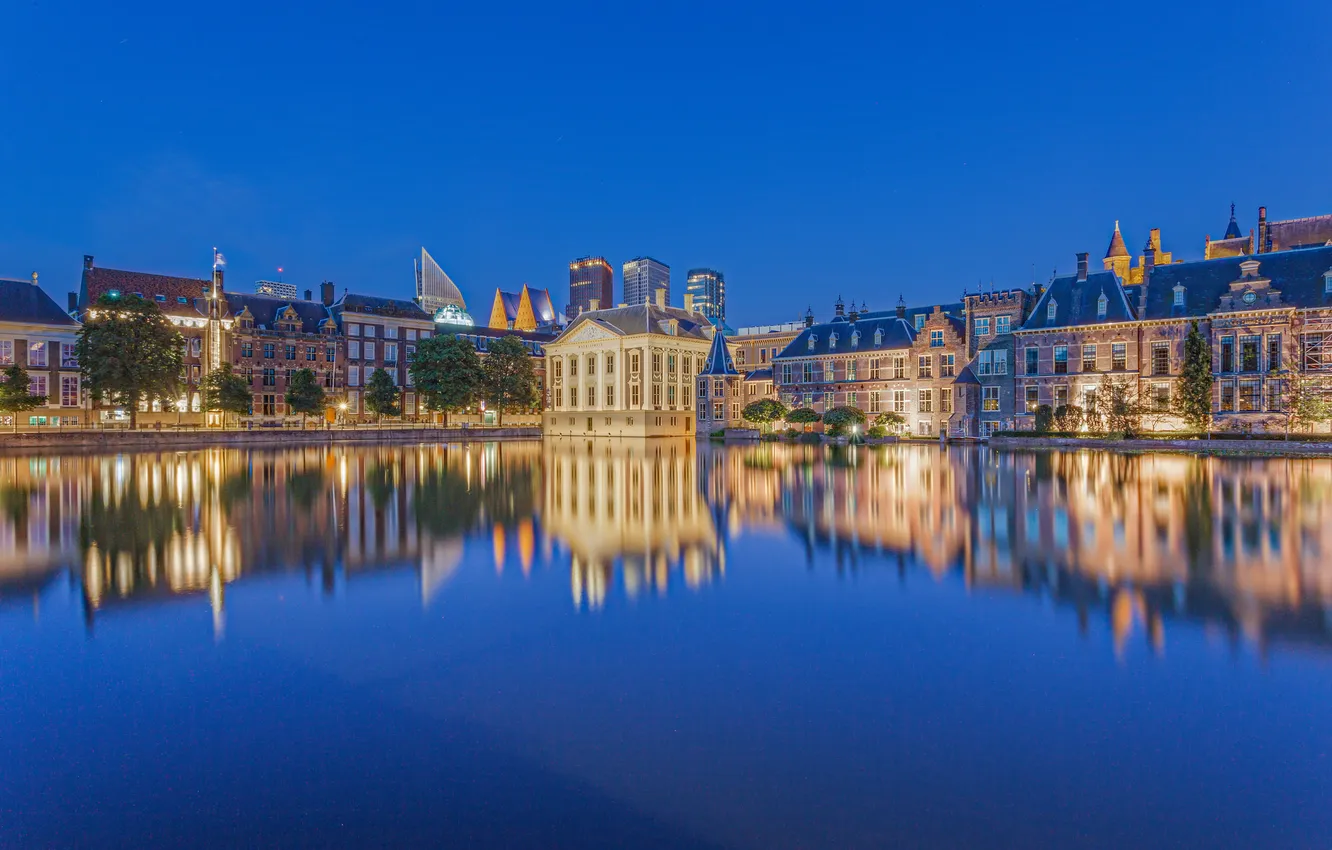Photo wallpaper the sky, water, lights, home, the evening, Netherlands, promenade, The Hague