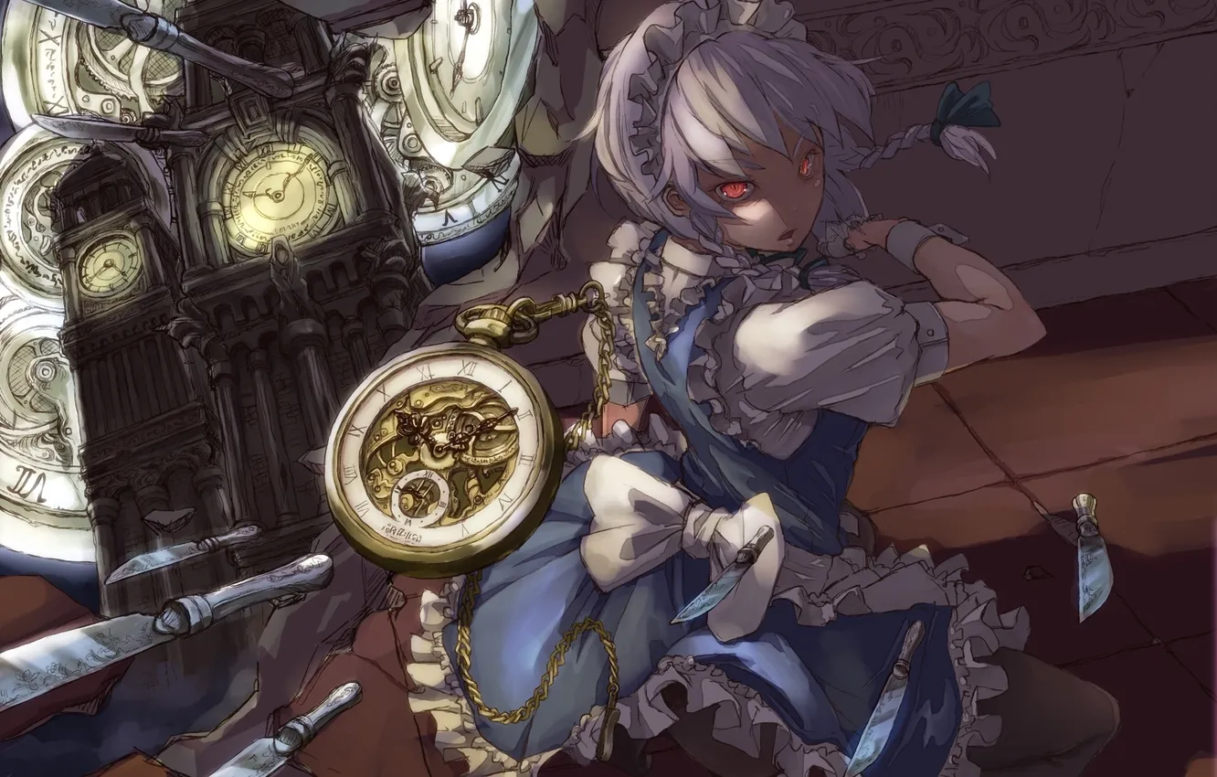Photo wallpaper girl, figure, watch, knife, red eyes, touhou, the maid
