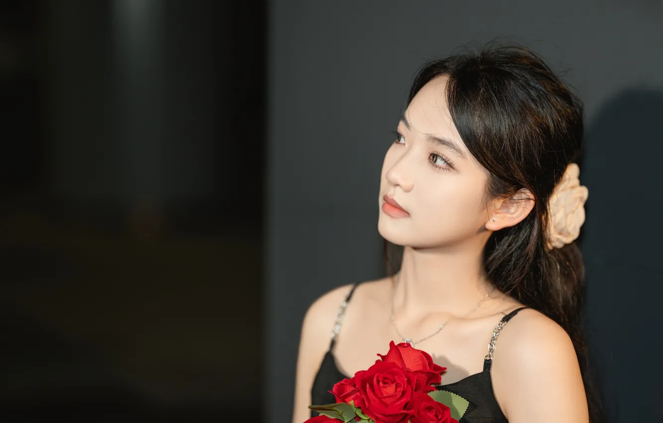 Photo wallpaper rose, flower, woman, beautiful, model, pretty, asian, roses