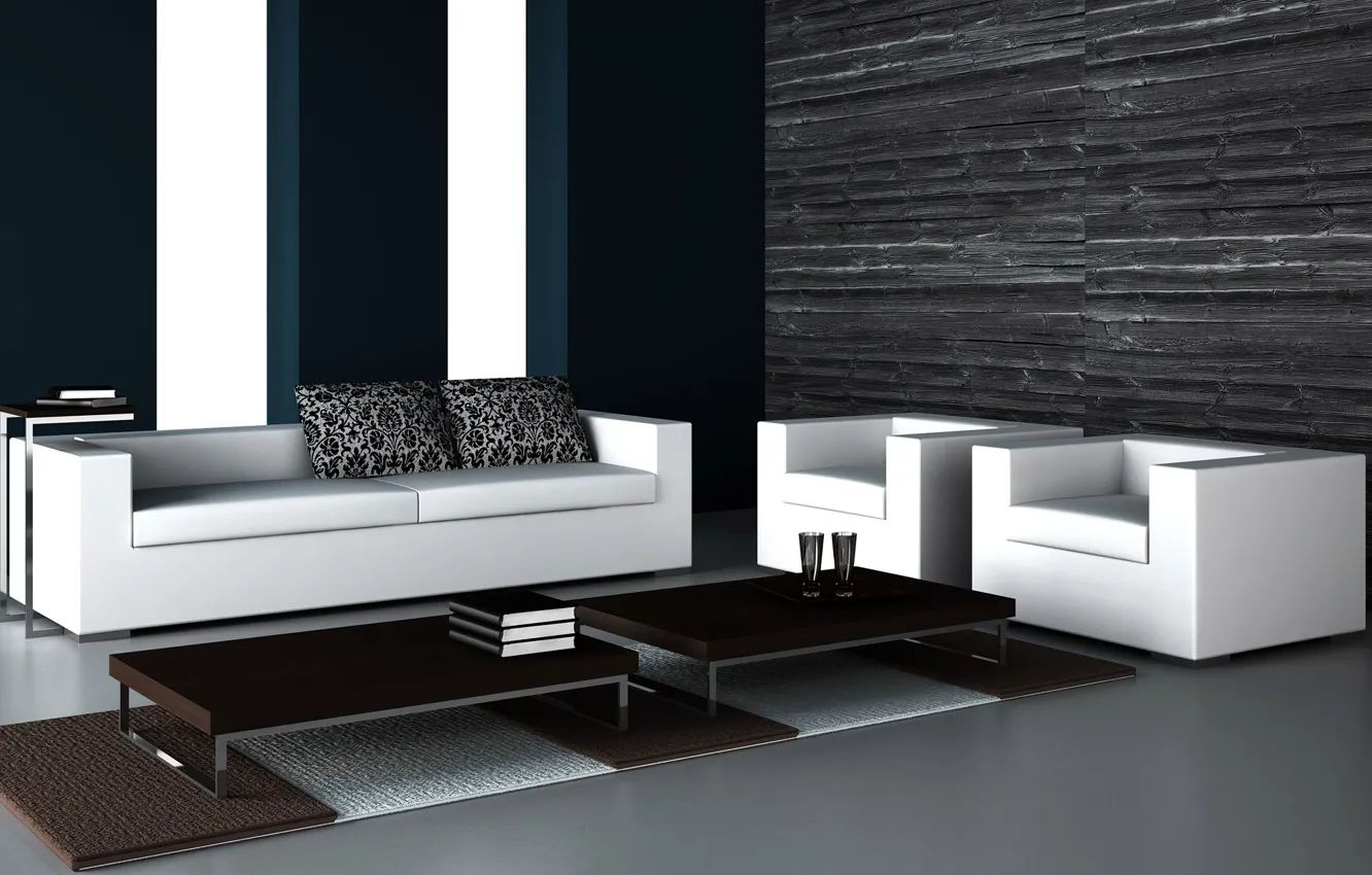 Photo wallpaper design, sofa, chairs, table, black and white interior
