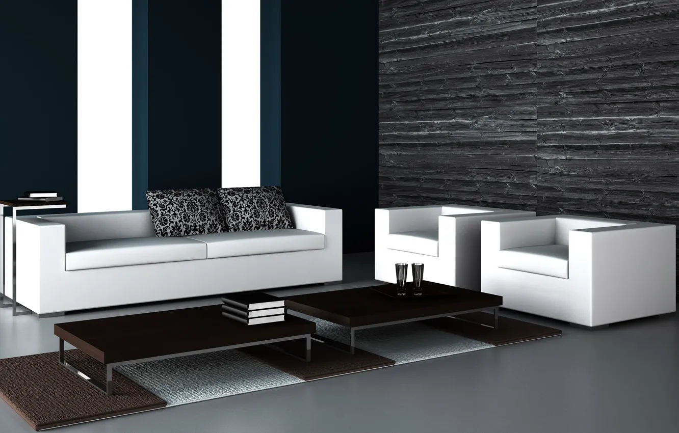 Photo wallpaper design, sofa, chair, table, black and white interior